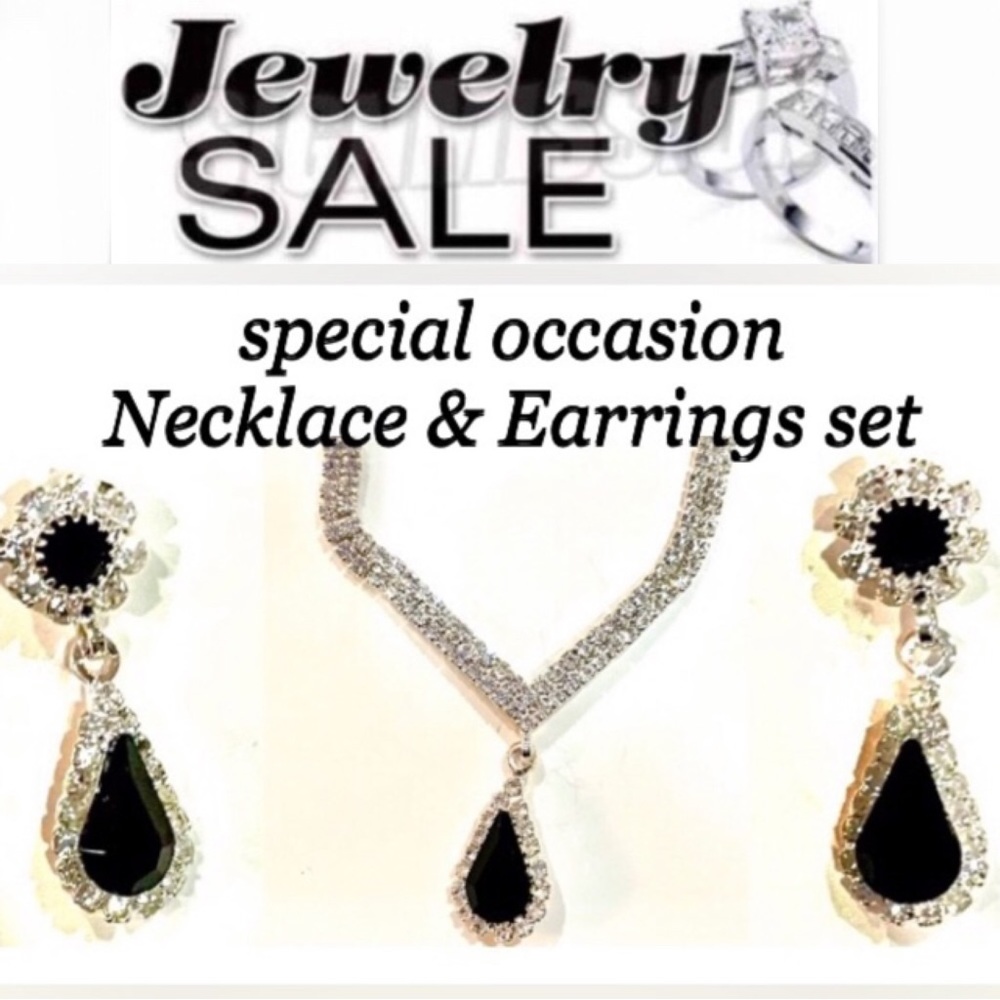 NECKLACE & MATCHING EARRINGS JEWELRY SET black with rhinestones NEW never used
